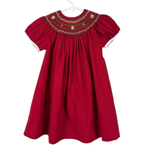 Rosalina Girls Smocked Bishop Dress Floral Red Green Christmas Size 18M - Picture 1 of 3